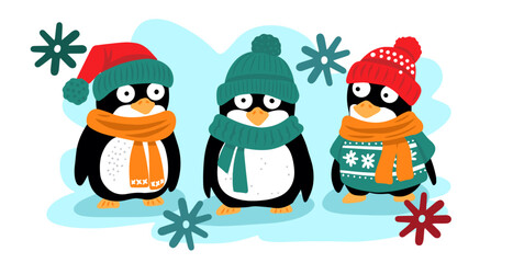 Penguins in a hat . Funny animals in flat illustration style