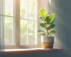 Modern houseplant in a stylish pot basks in the soft sunlight near a sheer-curtained window