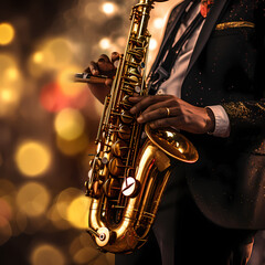 Close-up of a musician playing a saxophone. - obrazy, fototapety, plakaty