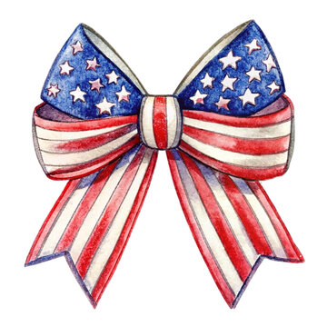 Patriotic Ribbon tie bow With American flag isolated on transparent background.