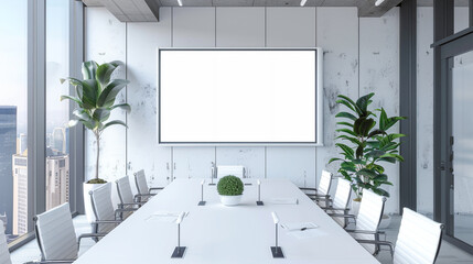 A stylish conference space with clean design elements, accented by a blank white empty frame for personalized decor