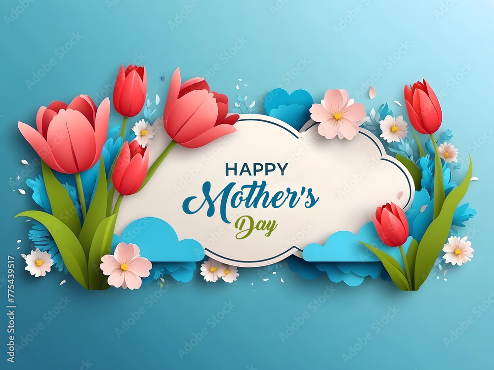 Fototapete a horizontal banner featuring a sky, flowers, and paper-cut clouds with space for text is ideal for 
