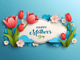 A horizontal banner featuring a sky, flowers, and paper-cut clouds with space for text is ideal for a Happy Mother's Day sale header or voucher template with tulips. A spring border frame and promo c.