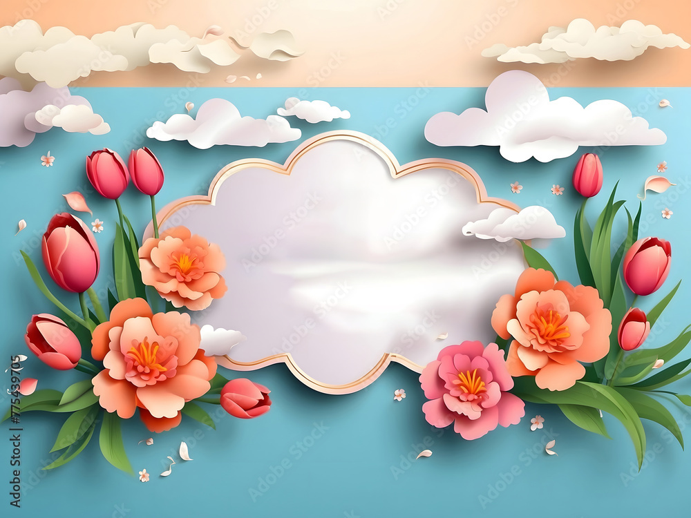 Fototapete a horizontal banner featuring a sky, flowers, and paper-cut clouds with space for text is ideal for 