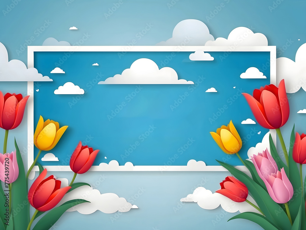 Fototapete a horizontal banner featuring a sky, flowers, and paper-cut clouds with space for text is ideal for 