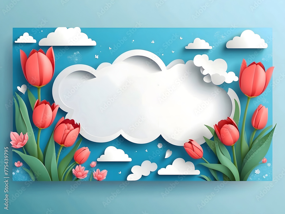 Fototapete a horizontal banner featuring a sky, flowers, and paper-cut clouds with space for text is ideal for 