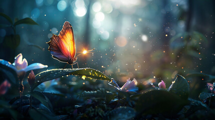 A tiny butterfly perched on a delicate flower petal, its colorful wings adding a touch of magic to the forest scene. - obrazy, fototapety, plakaty