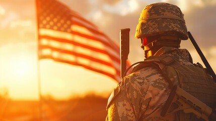 American soldier in a sunset next to the American flag in high resolution and high quality. war concept,soldier,man