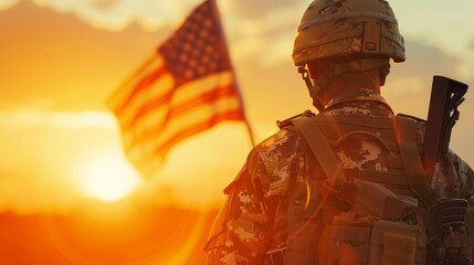 American soldier in a sunset next to the American flag - obrazy, fototapety, plakaty