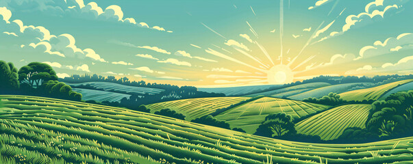 Obraz premium Rural landscape with hills and meadows. Engraving graphic style. Spring sunny field with grass and flowers. Farming, harvest, vineyard concept. Retro illustration for background, poster, banner, card