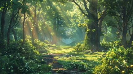 A tranquil forest scene with sunlight filtering through the canopy, casting dappled shadows on the...