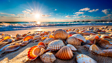 Conch shells on a sandy beach. Calm background.. AI Generated. - obrazy, fototapety, plakaty