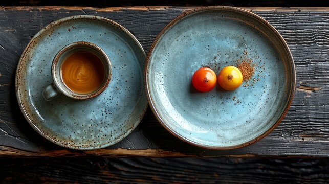   A pair of plates perched atop a wooden table, beside a steaming cup of joe and two vibrant oranges