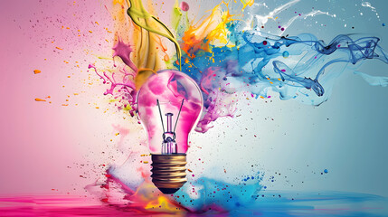 Una lampada che esplode nei colori, ispirazione creatività innovazione immaginazione - obrazy, fototapety, plakaty