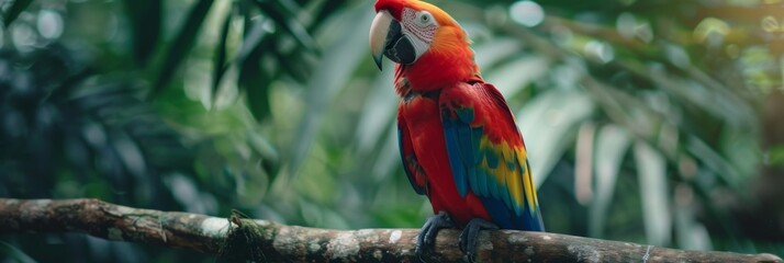 A vibrant parrot perched on a branch in a tropical rainforest, its colorful feathers standing out against the dense green foliage created with Generative AI Technology