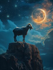 Eid Al Adha concept photo, Eid Mubarak greetings poster, goat and crescent moon with night sky and copy space - generative ai