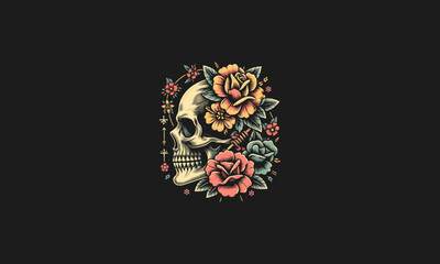 head skull with rose flowers vector artwork design
