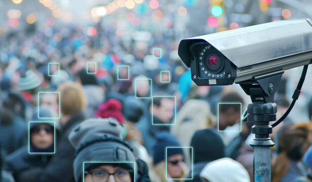 Surveillance camera with facial recognition scanning a crowd in the street
