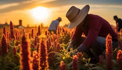 Photo sur Aluminium Rouge violet Quinoa harvest in the fields