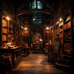 Old bookshop with dusty shelves and dim lighting.  - obrazy, fototapety, plakaty