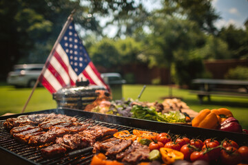 July 4 celebration: American flag proudly waving at a barbecue in the park, symbolizing unity and freedom