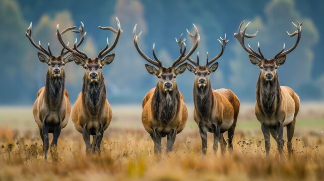 Herd of Deer Standing on Top of a Dry Grass Field