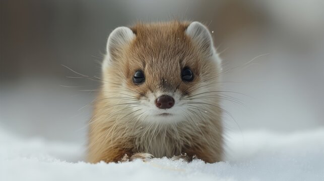   A snowy scene features a tiny creature, gazing quizzically