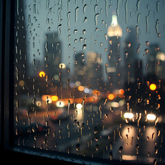 Raindrops on a windowpane with city lights in the background