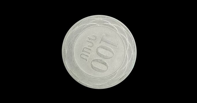 Reverse of Armenia coin 100 dram 2003, isolated in black background. Loopable animation in 4k resolution video.