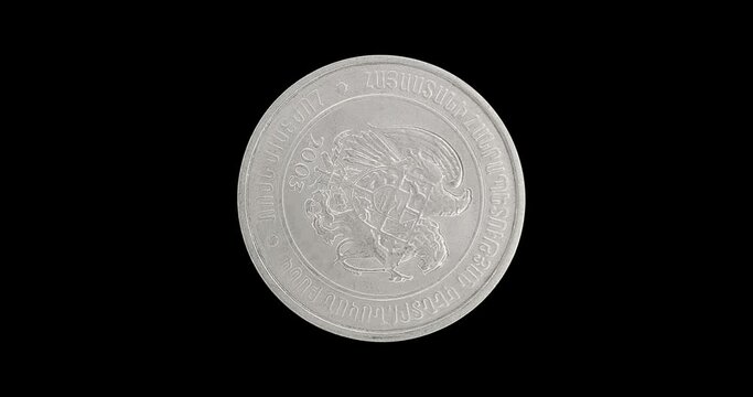 Obverse of Armenia coin 100 dram 2003, isolated in black background. Loopable animation in 4k resolution video.