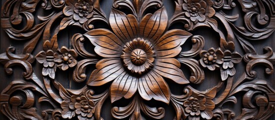 Capture a detailed close-up of a beautifully carved wooden flower design in intricate detail