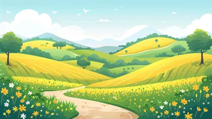 Gordijnen Countryside summer rural landscape with field, trees, grass and a flowers. Village in spring sunny day. Vineyard, wheat fields. Cartoon farmland. Farming and harvest © ratatosk