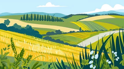 Schilderijen op glas Countryside summer rural landscape with field, trees, grass and a flowers. Village in spring sunny day. Vineyard, wheat fields. Cartoon farmland. Farming and harvest © ratatosk