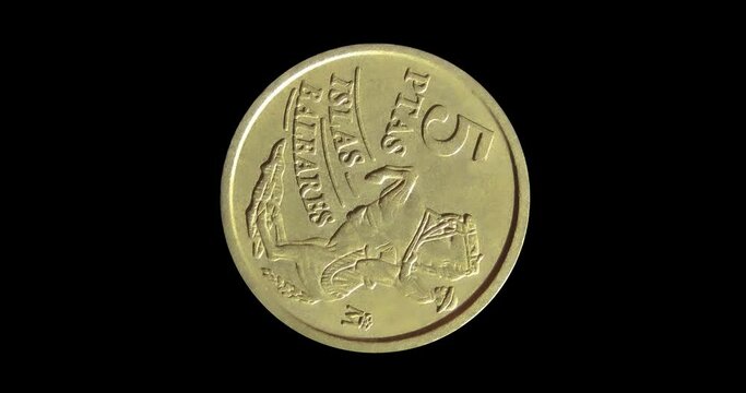 Reverse of Spain coin 5 pesetas 1997, isolated in black background. Loopable animation in 4k resolution video.