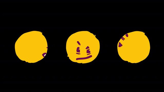 Set of  looped cartoon hand drawn emojis with alpha channel. Laughs happily and spins, doubts and frowns skeptically, screams in despair