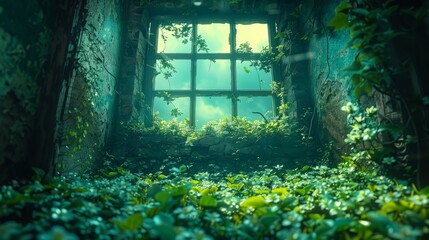   A room with windows on either side, adorned with ivy growing on the wall