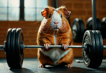 Several guinea pigs, in a gym, lifting weights in different fun ways. Generated by AI - obrazy, fototapety, plakaty