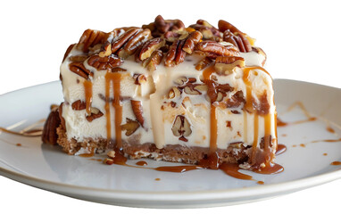 Delectable Pecan Pie Ice Cream Cake Display on isolated transparent background.