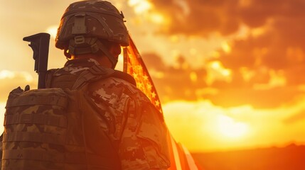 soldier with the USA flag at a sunset in a desert in high resolution and high quality. patriotism concept - obrazy, fototapety, plakaty
