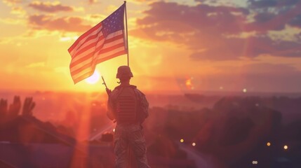 soldier with USA flag in a sunset - obrazy, fototapety, plakaty
