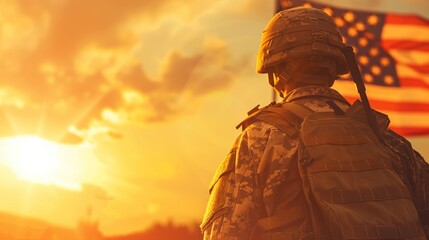 soldier with the USA flag at a sunset in a desert in high resolution and high quality. concept patriotism,soldier,war - obrazy, fototapety, plakaty