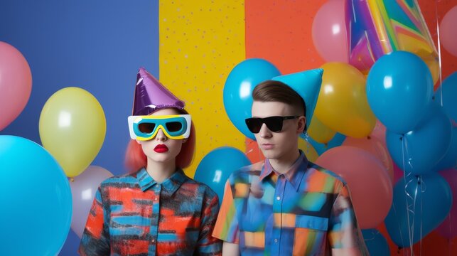 Birthday party in the style of the 80s with fun accessories in the form of big glasses, and space suits against a background of bright geometric patterns, no text, no inscriptions, no advertising, no
