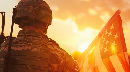soldier with the USA flag at a sunset in a desert in high resolution and high quality. patriotism concept,soldier,war,man,desert,helmet - obrazy, fototapety, plakaty