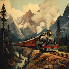 Vintage train traveling through a mountain pass.  - obrazy, fototapety, plakaty