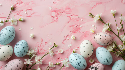 Stylish easter eggs and spring flowers border on pink marble textured flat lay, space for text....