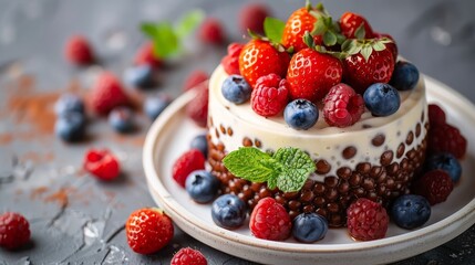   A clear close-up picture of a cake with fresh berries and mint leaves beautifully adorning its surface, while the rest of the cake is visible on the plate