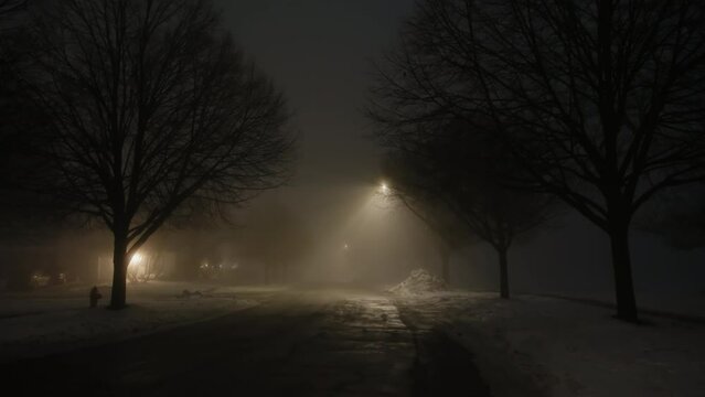 Wide shot of Dark street whit light at night with heavy fog