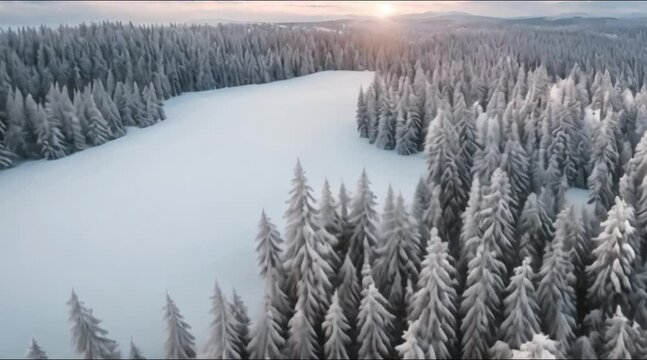 Winter Snow covered Fir trees landscape with the forest,aerial view

