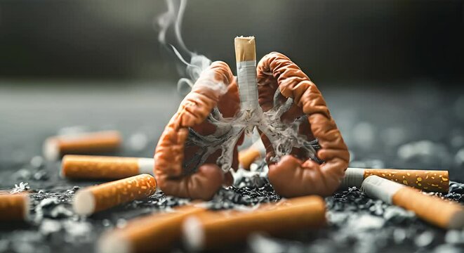 Model lungs with cigarettes, ash, and smoke on a dark background, symbolizing addiction and health risks.