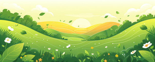 Beautiful summer fields landscape with green hills and sun on blue sky. Country rural background. Spring sunny meadow. Cartoon illustration in flat style for banner, wallpaper, card, poster